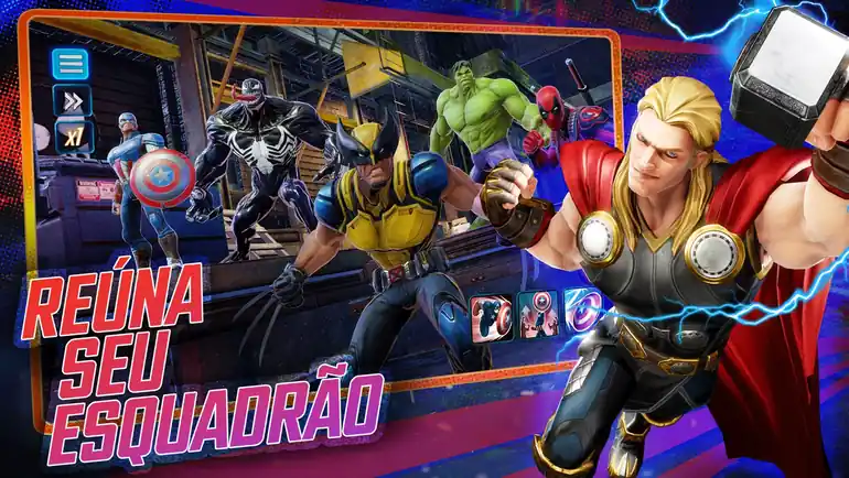 Cena de ação de um jogo mobile de super-heróis